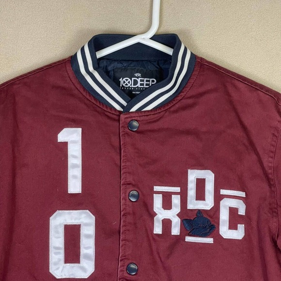 10 Deep Jacket Adult Medium Red Bomber Snap Logo Pockets Mens - Picture 2 of 13